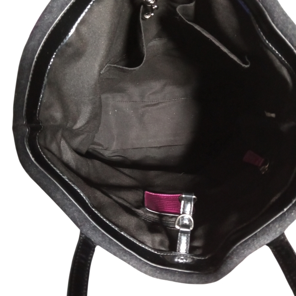 Coach Wool Shoulder Bag Black Purple Tote Leather Trim Bow Accent Winter Purse - Picture 7 of 8